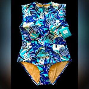 Coolibar Escalante Sleeveless Swimsuit Isla Palm Blue and Purple Full Zip XL